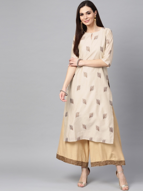 

Libas Women Beige & Brown Woven Design Straight Kurta