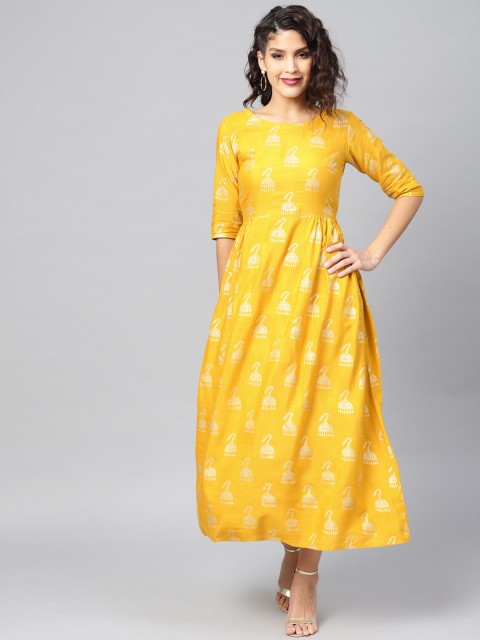 

Libas Women Mustard Yellow & Golden Block Print A-Line Dress