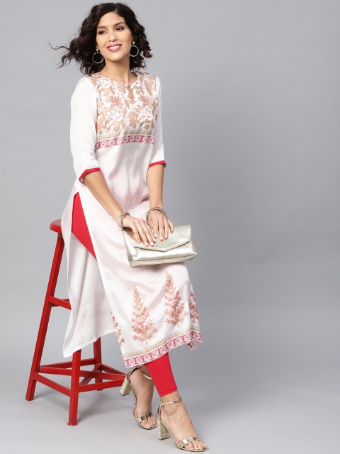 

Libas Women White & Golden Yoke Design Block Print Straight Kurta