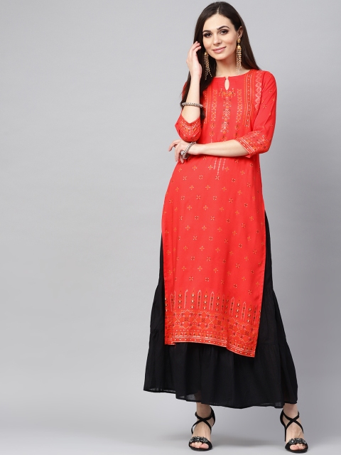 

Libas Women Red & Golden Block Print Straight Kurta