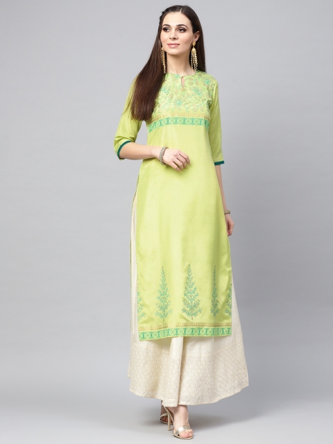 

Libas Women Green Block Print Straight Kurta