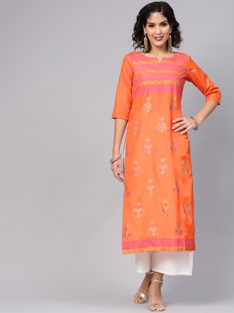 

Libas Women Orange & Golden Printed Straight Kurta