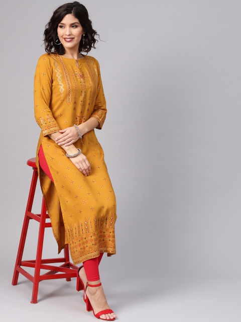 

Libas Women Mustard Yellow & Golden Printed Straight Kurta