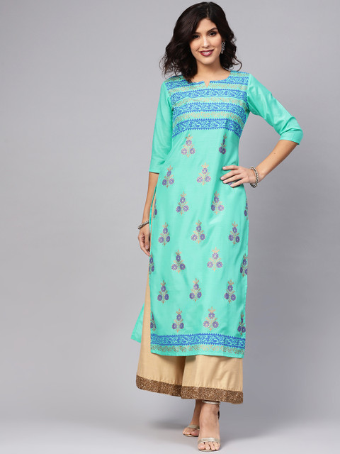

Libas Women Green & Blue Block Print Straight Kurta