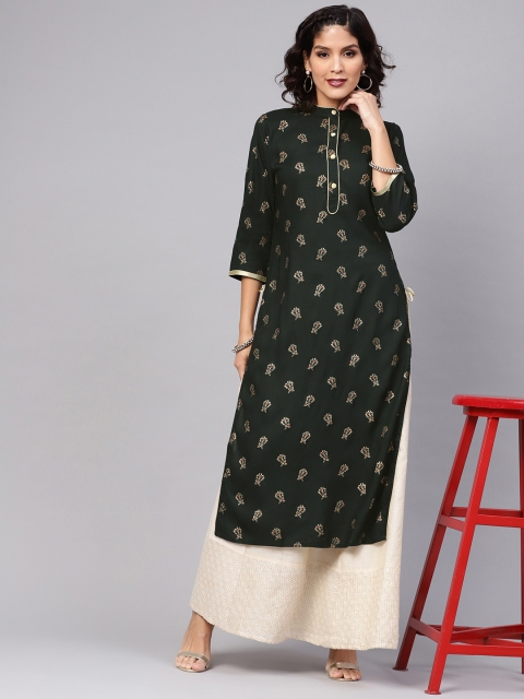 

Libas Women Green & Golden Printed Straight Kurta