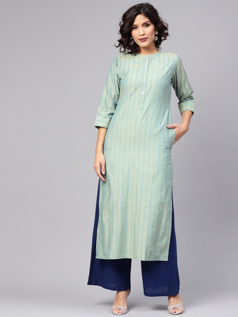 

Libas Women Green & Blue Striped Straight Kurta