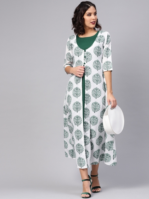 

Libas Women Green Solid Maxi Dress with Printed Ethnic Jacket
