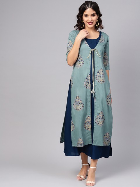 

Libas Women Blue Solid Maxi Dress with Block Print Layer