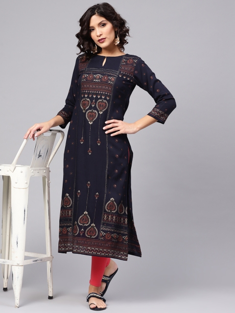 

Libas Women Navy Blue Block Print Straight Kurta