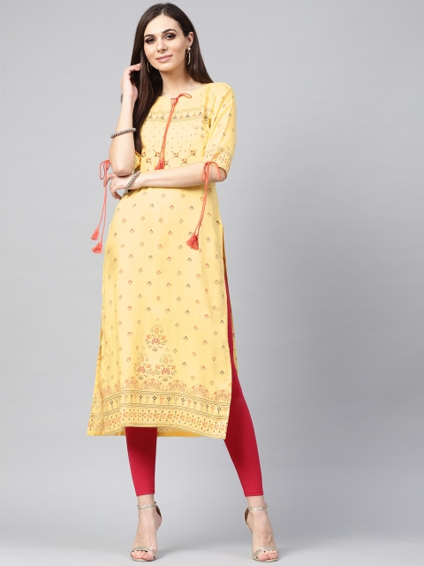 

Libas Women Yellow & Orange Block Print Straight Kurta