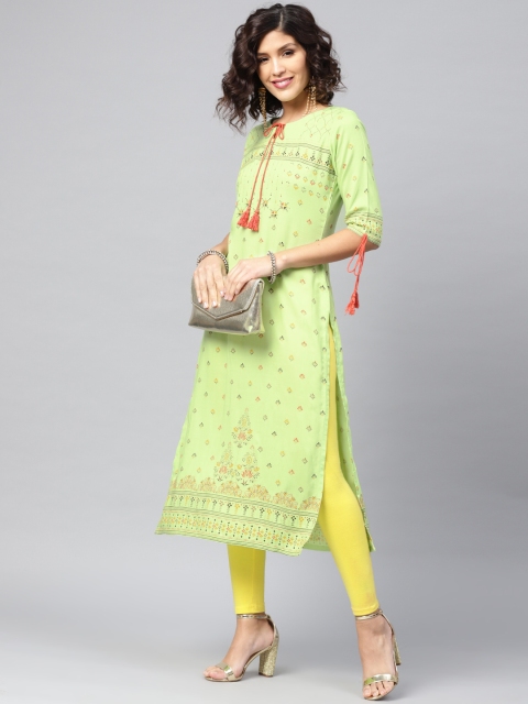 

Libas Women Lime Green Block Print Straight Kurta