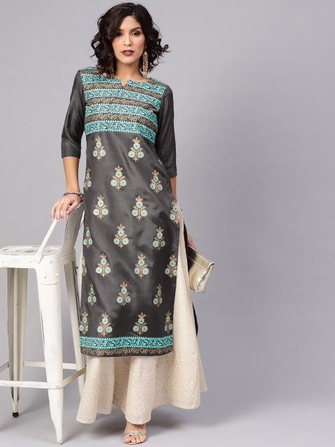 

Libas Women Charcoal Grey & Green Block Print Straight Kurta