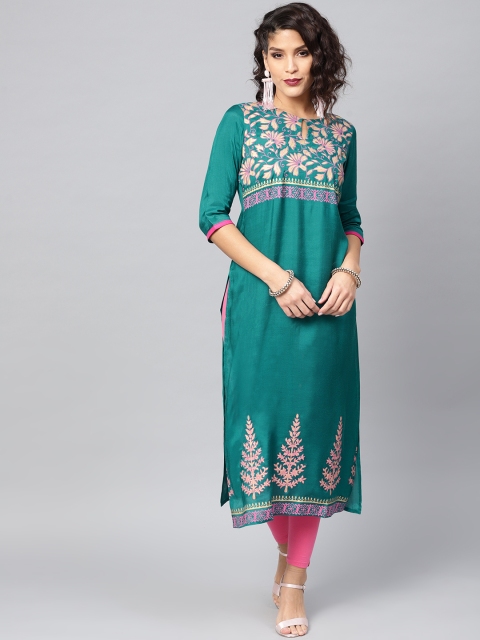 

Libas Women Green & Golden Block Print Straight Kurta