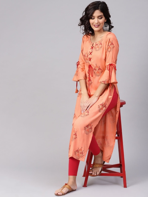 

Libas Women Peach-Coloured & Red Block Print Straight Kurta