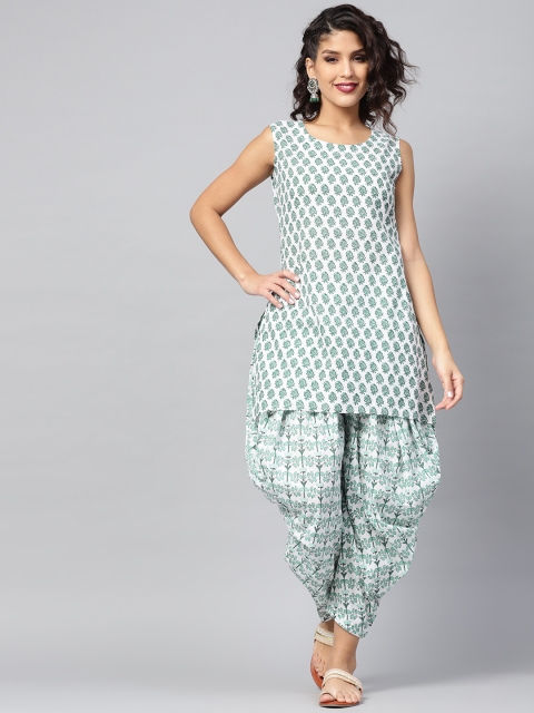 

Libas Women White & Green Printed Kurti with Dhoti Pants