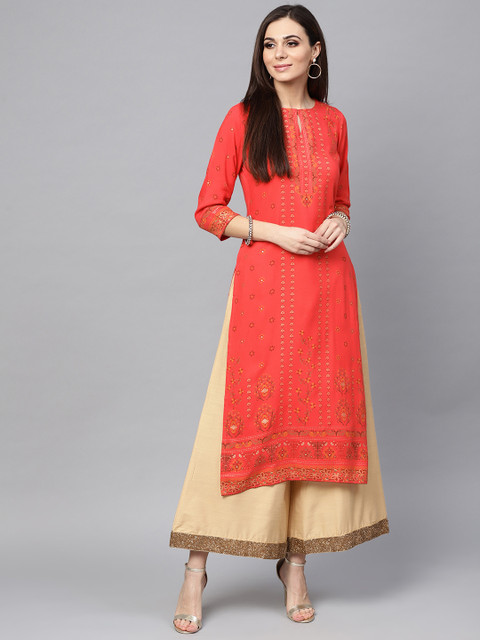 

Libas Women Coral Red & Golden Block Print Straight Kurta