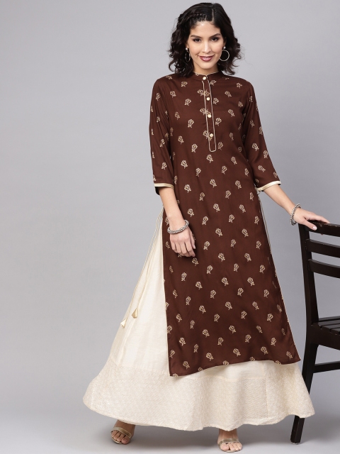 

Libas Women Brown & Golden Printed Straight Kurta