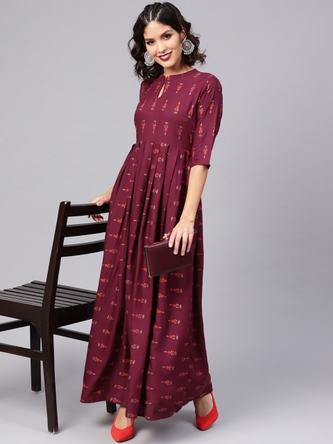 

Libas Women Burgundy Block Print Maxi Dress