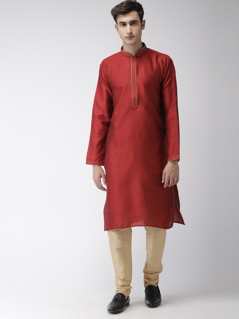 

Ethnix by Raymond Men Maroon Woven-Design Kurta with Gold-toned Churidar