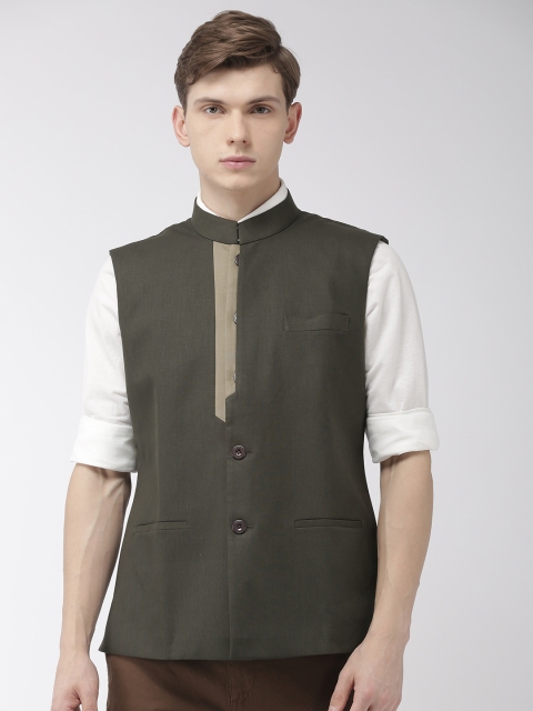 

Ethnix by Raymond Men Olive Green Solid Nehru Jacket
