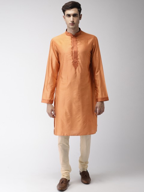 

Ethnix by Raymond Men Rust Orange & Off-White Self-Striped Kurta with Churidar