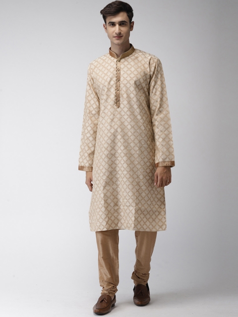 

Ethnix by Raymond Men Beige Woven Design Kurta with Copper-Toned Churidar