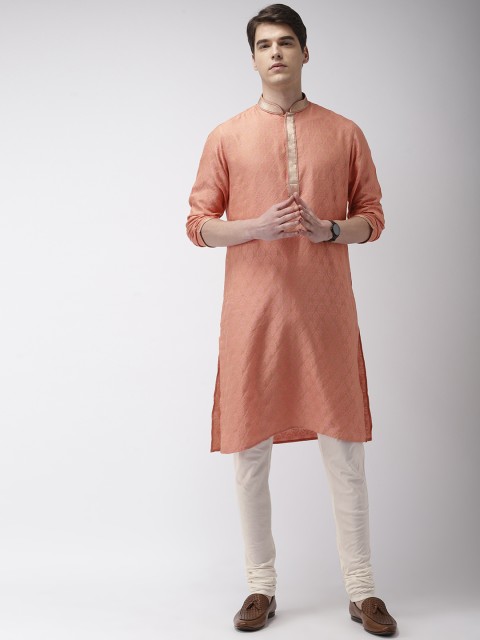 

Ethnix by Raymond Men Peach-coloured & Off-white Self-Design Kurta With Churidar