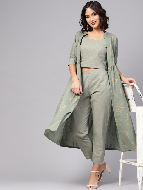 

Libas Women Green & Golden Printed Top with Trousers & Ethnic Jacket