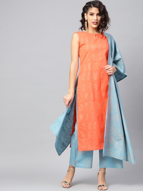 

Libas Women Orange & Blue Printed Kurta with Palazzos & Dupatta