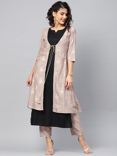 

Libas Women Black & Grey Solid Kurta with Trousers & Printed Layer