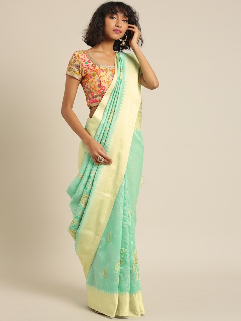 

PACHE Sea Green & Cream Embroidered Silk Cotton Saree