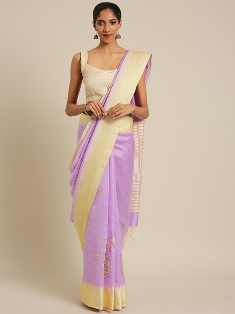 

PACHE Purple & Cream-Coloured Silk Cotton Embroidered Saree