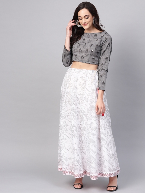 

Pannkh Women Grey & White Self Design Top with Skirt