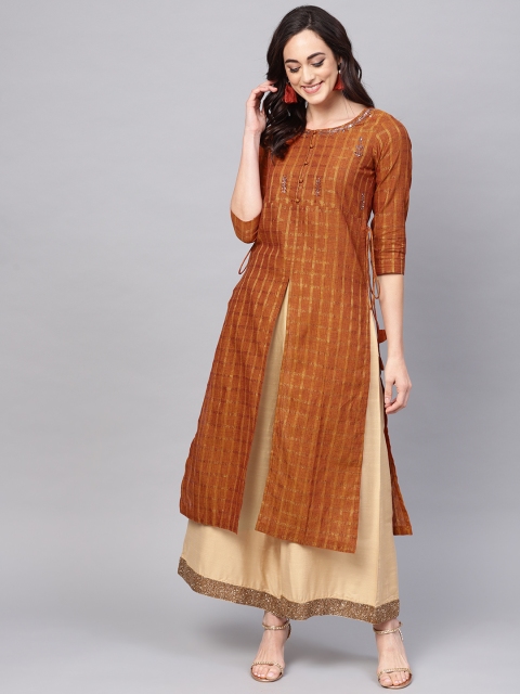 

Pannkh Women Rust Orange & Golden Checked Handloom Straight Kurta