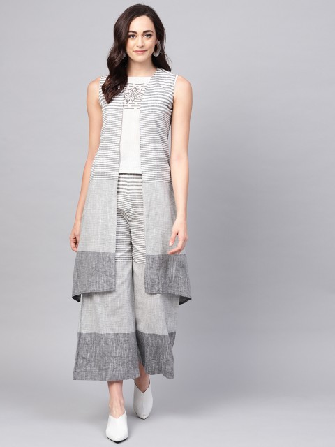 

Pannkh Women Grey & White Striped Top with Palazzos & Ethnic Longline Jacket