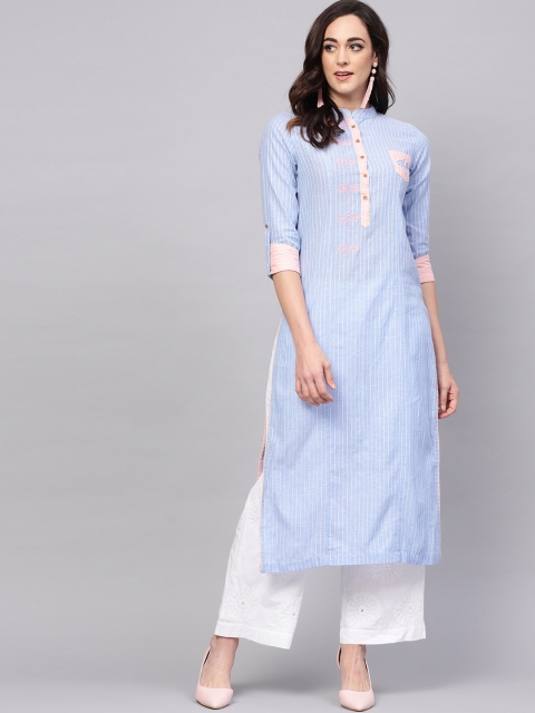 

Pannkh Women Blue & White Striped Handloom Straight Kurta