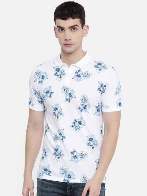 

SELECTED Men White & Blue Printed Polo Collar T-shirt