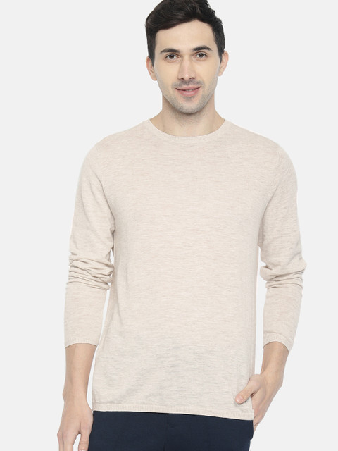 

SELECTED Men Cream-Coloured Solid Round Neck T-shirt