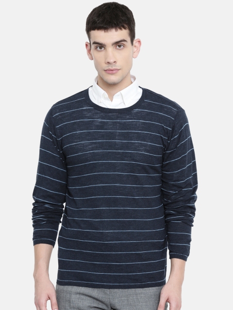 

SELECTED Men Navy Blue Striped Round Neck T-shirt