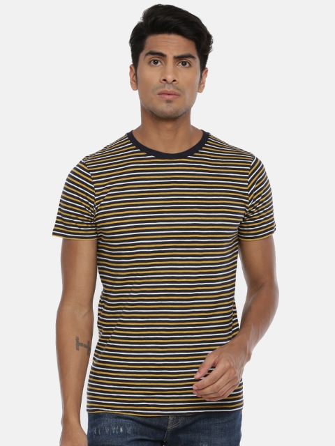 

SELECTED Men Navy Blue & Mustard Yellow Striped Round Neck T-shirt