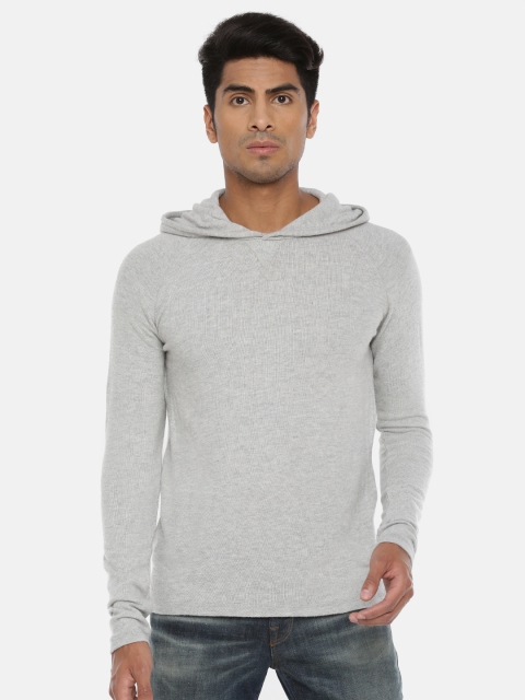 

SELECTED Men Grey Solid Hooded Sweatshirt