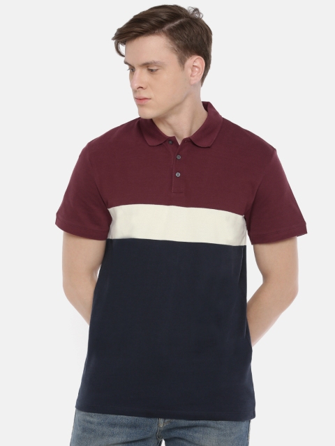

SELECTED Men Maroon & Navy Blue Colourblocked Polo Collar T-shirt