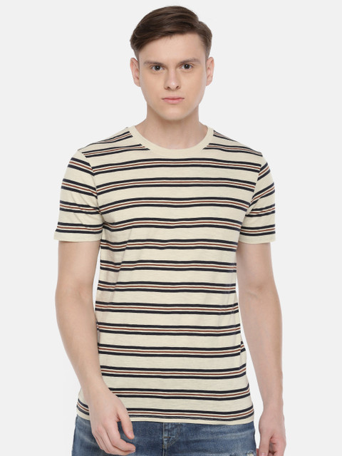 

SELECTED Men Cream & Navy Blue Striped Round Neck T-shirt