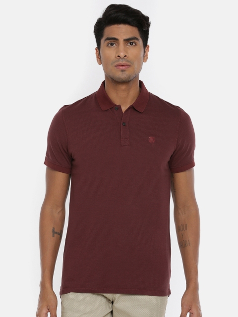 

SELECTED Men Maroon Self Design Polo Collar T-shirt