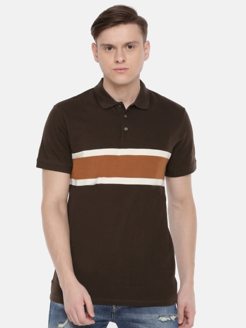 

SELECTED Men Coffee Brown & White Striped Polo Collar T-shirt