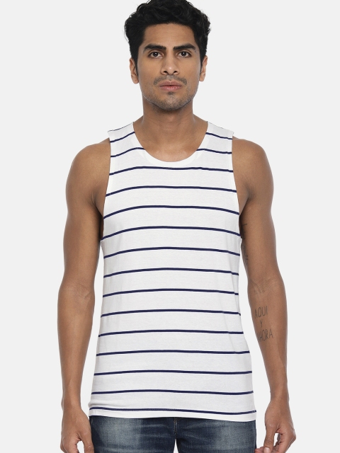 

SELECTED Men White & Navy Blue Striped Round Neck T-shirt