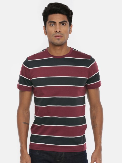 

SELECTED Men Maroon & Black Striped Round Neck T-shirt