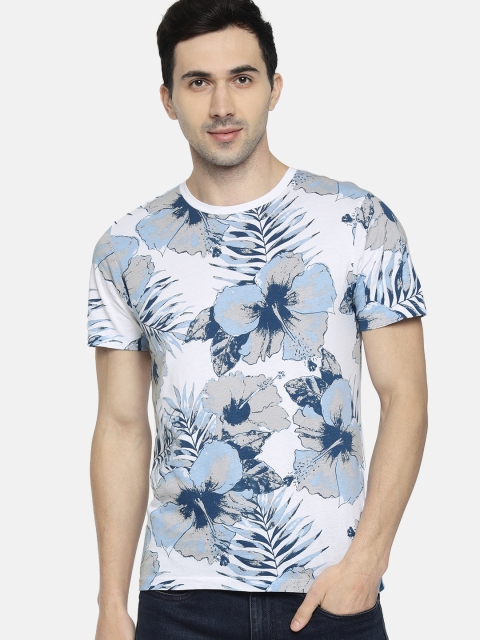 

SELECTED Men White & Blue Printed Round Neck T-shirt