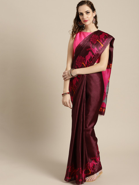 

Ishin Burgundy Solid Poly Silk Saree