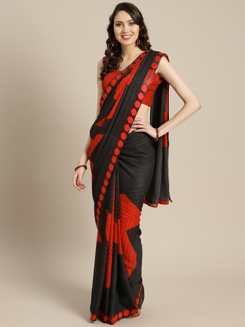 

Ishin Charcoal Grey & Red Printed Saree